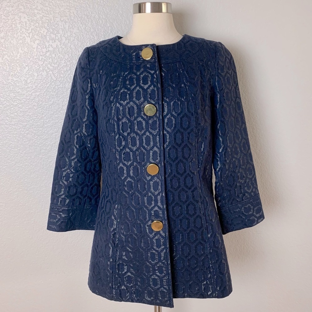 Merona Collection Coat Jacket Women’s Size S Navy Pleated Back Gold Buttons